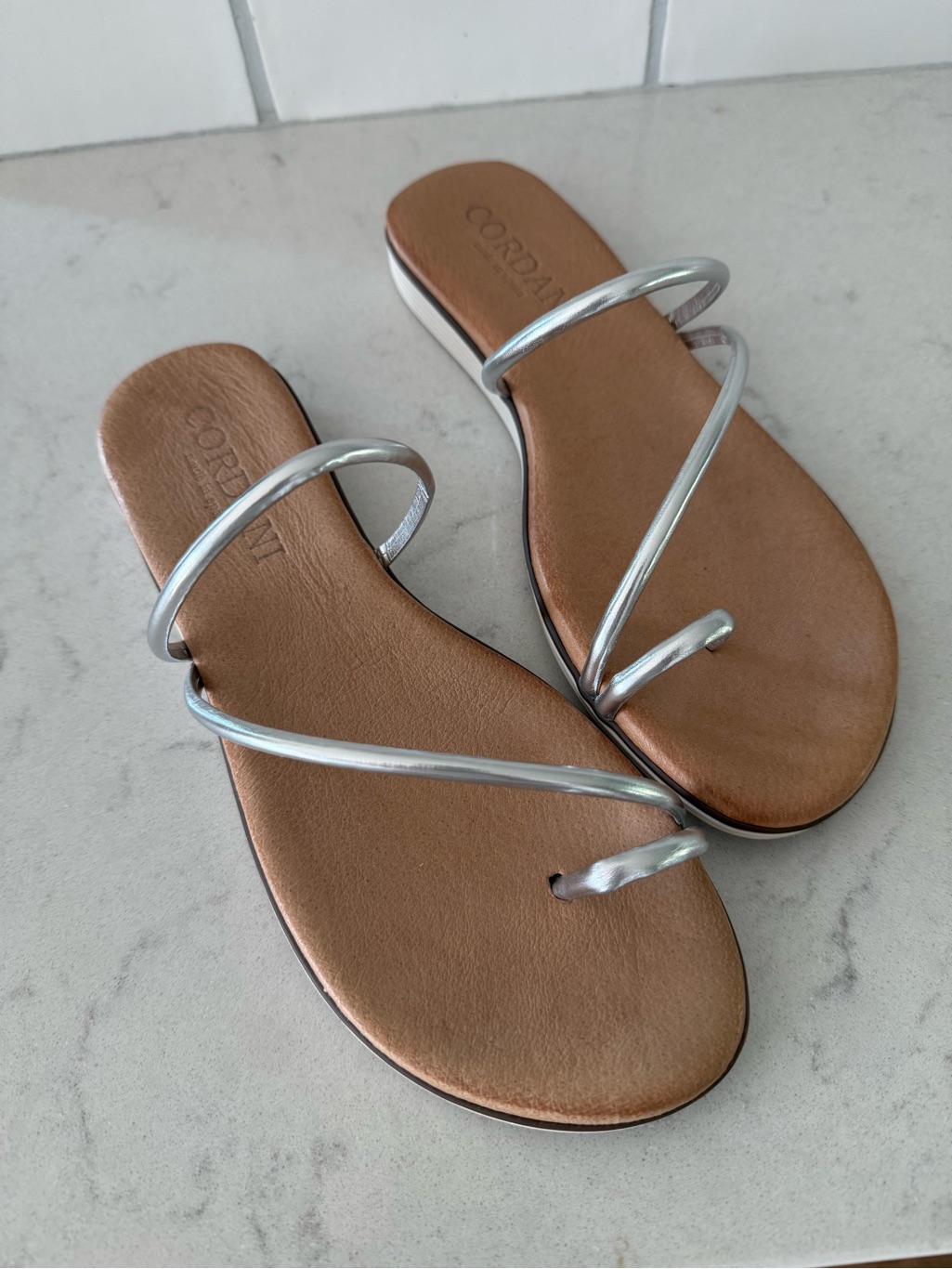 Cordani Tan Footbed Sandals With Silver Metallic Straps